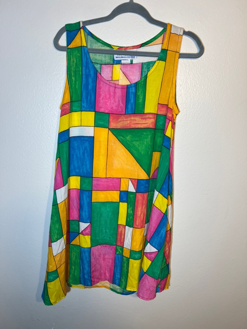 Vintage Colorful Lightweight Mini Tent Dress in Stained Glass Shapes Print Art M